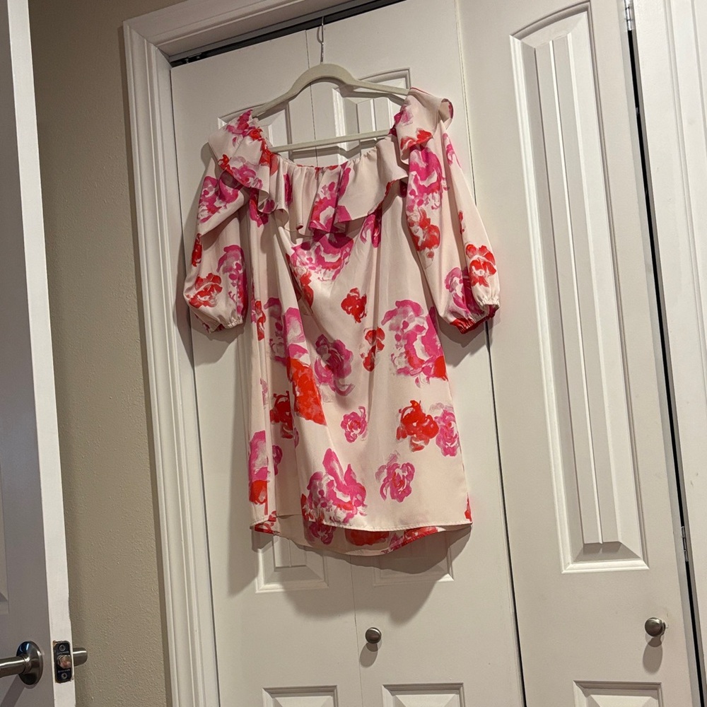 Amanda Uprichard Cream Off-Shoulder Dress with Pink & Coral Floral Print